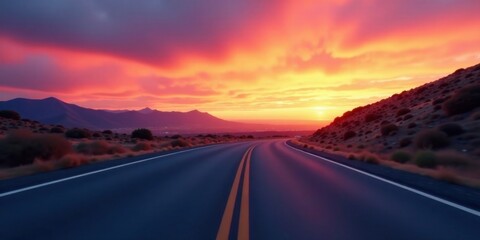 Naklejka premium A scenic highway journey unfolds at sunset, with vibrant colors painting the sky and mountains in a breathtaking panorama of nature's artistry.