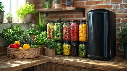 Healthy Kitchen: Preserved Vegetables and Fruits in Jars with a Modern Food Preservation System