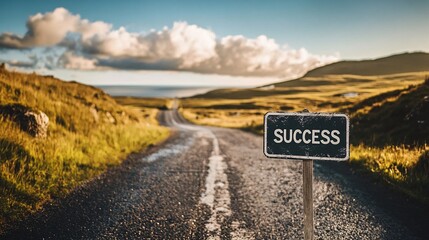Success road sign showing path to accomplishment and achievement