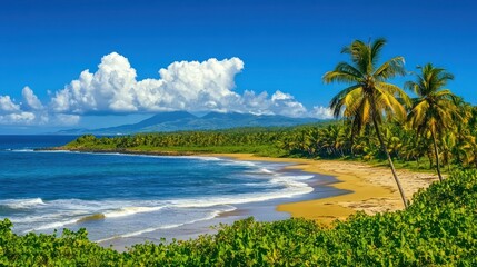 Fototapeta premium Tropical Paradise: Serene Beach, Lush Palms, and Majestic Mountains