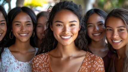 Obraz premium A group of cheerful young women stand close together outdoors, enjoying a sunny day in a park. Their bright smiles radiate happiness, creating a lively atmosphere