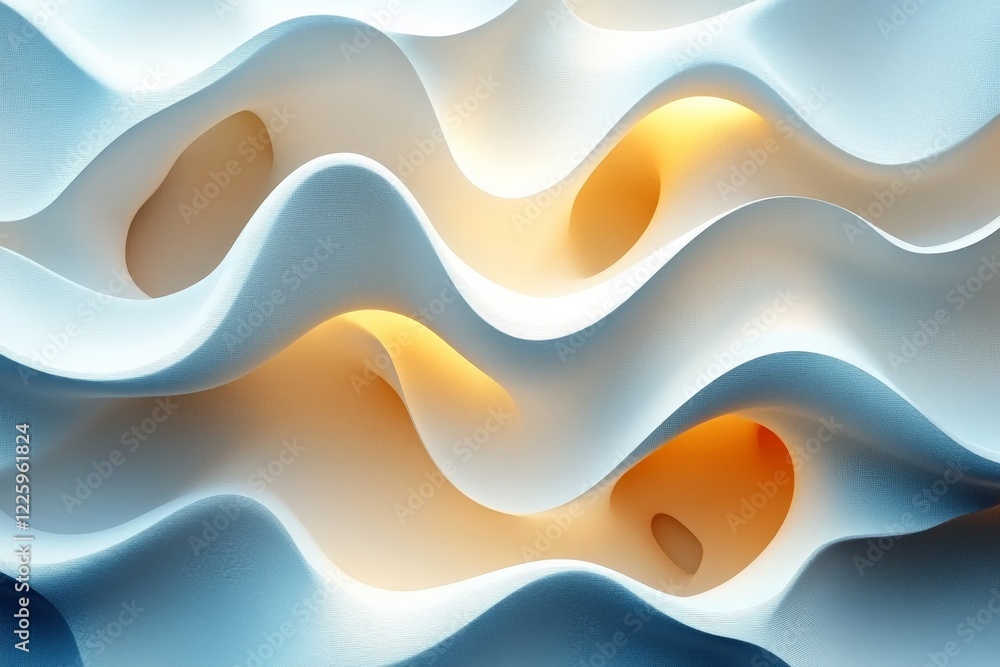 Poster abstract design featuring flowing waves in blue and white with warm lighting peeking through undulat