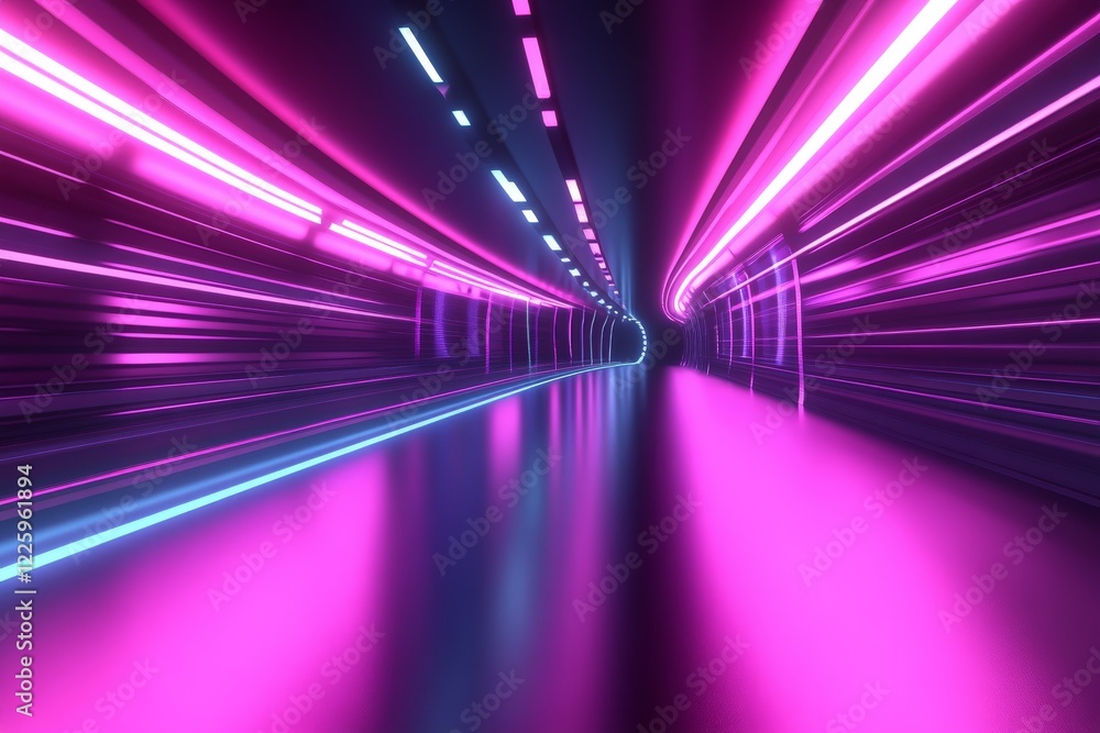 Poster bright neon light tunnel creates a mesmerizing optical illusion of speed and movement at night