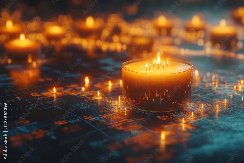 Poster Soft light from glowing candles illuminates intricate patterns on a dark surface at an evening gathering