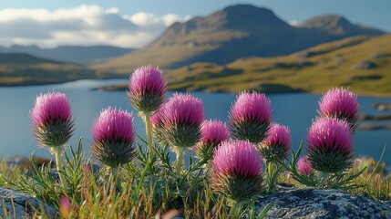 Scottish Highlands: Pink Thistle Blossoms by a Serene Lake