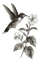 Hummingbird Hovering Near a Blooming Flower in Detailed Black and White Illustration - Vintage Illustration, Isolated on White Transparent Background, PNG
