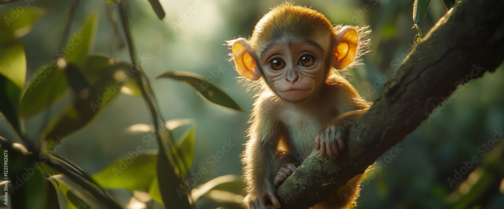 Poster golden-furred baby monkey perched on a tree branch in a sunlit forest with soft greenery, symbolizin