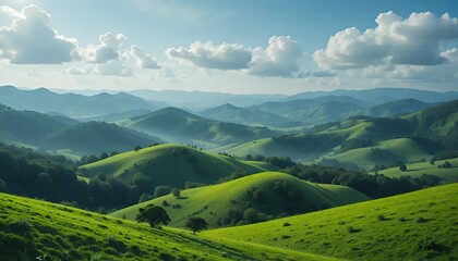 Fototapeta premium Vibrant Green Rolling Hills Landscape Under a Sunny Sky