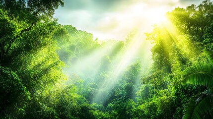 Obraz premium Lush Rainforest Sunlight Beams Through Canopy