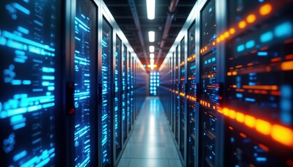 Data center interior tech infrastructure. Information flows through server racks. Blue, orange lights illuminate system. Future tech. Modern computer room. Digital data. Fast paced processing.