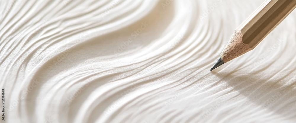 Poster close-up of a wooden pencil tip on intricately textured white paper with elegant wavy patterns, symb