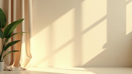 Serene Minimalist Interior with Sunlight Streaming Through Sheer Drapes and a Potted Plant