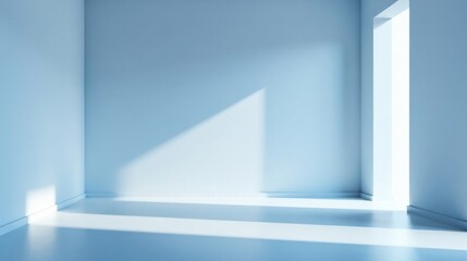 Obraz premium Empty Room with Light Streaming Through a Window, Creating Soft Shadows on the Pale Blue Walls and Floor