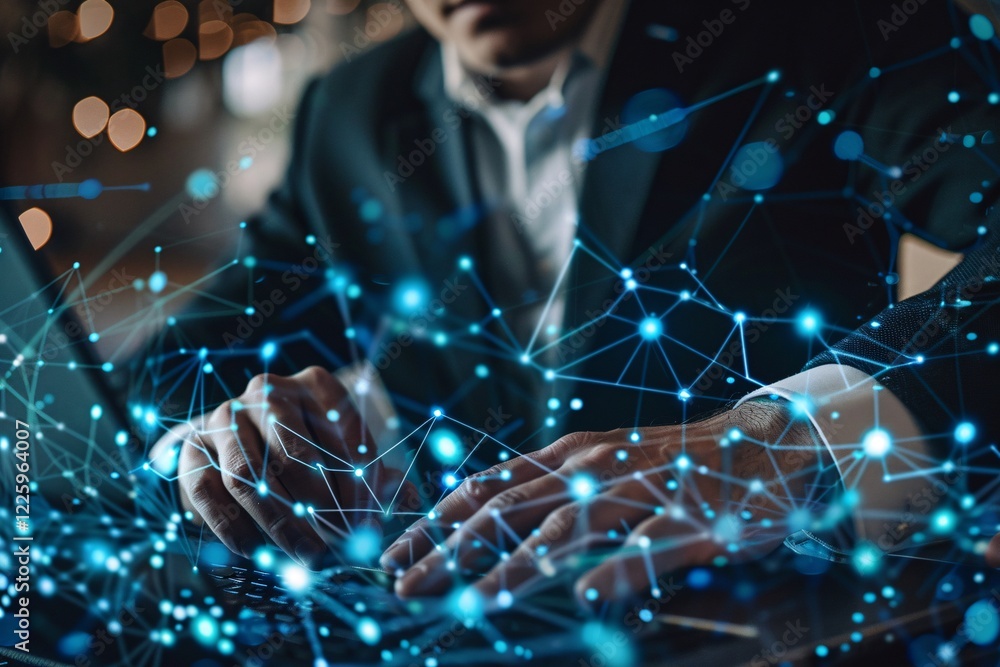 Aufkleber late night businessman working on laptop with abstract network connection graphic overlay
