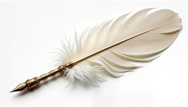 Luxury quill pen with elegant gold metal barrel, beautiful white feather. High-quality craftmanship evident in detailed design of pen. Ideal for fine writing instruments as sophisticated design