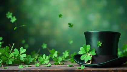 St. Patrick's Day background with leprechaun hat, green clover leaves and copy space