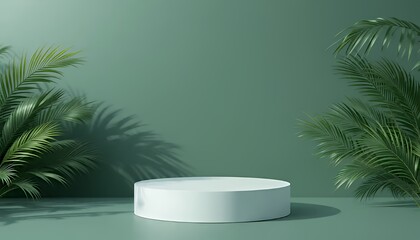 White Cylindrical Product Display Platform on Green Background with Palm Leaves