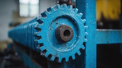Close-up of a Blue Industrial Gear, Machinery Detail, Vintage Factory, Mechanical Engineering, Cogwheel, Rusty, Blue Paint