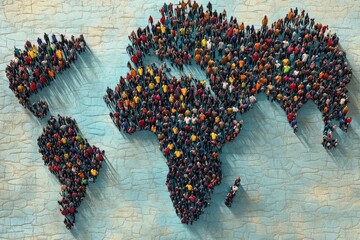 Group of diverse people forming a map of Africa using vibrant colors and shadows in a creative display
