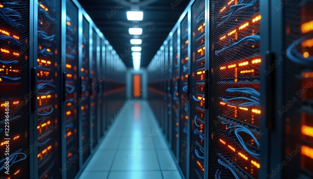 Poster Interior view of modern data center. Organized racks of servers line spacious corridor. Network cables connect equipment. Lights illuminate interior of server room, creating pro, technological