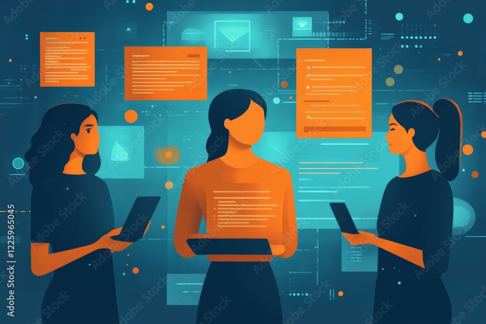 Poster three professionals analyze digital data in a modern work environment with technology and vibrant gr
