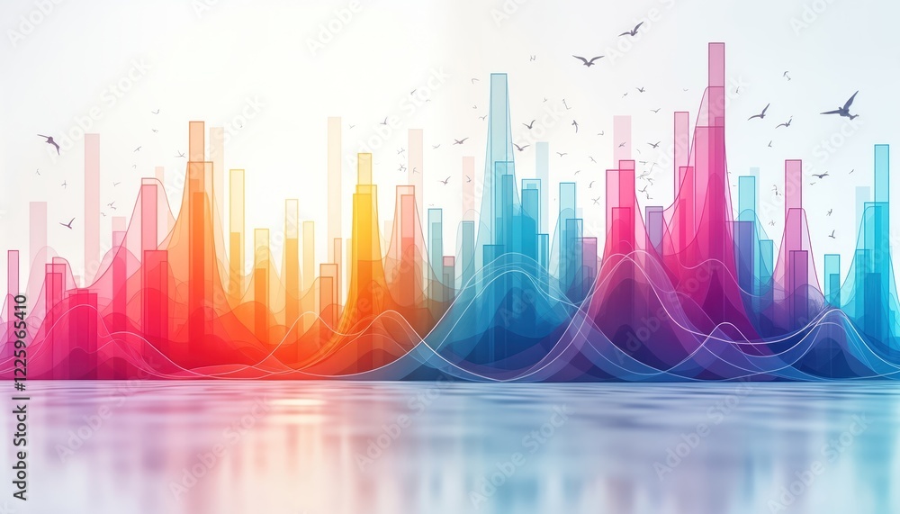 Poster abstract illustration of bright voluminous graphs, columns of diagrams. colorful charts create moder