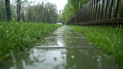 Obraz premium Rainy day, city street, grass, sidewalk, rain drops, background blur, for weather reports