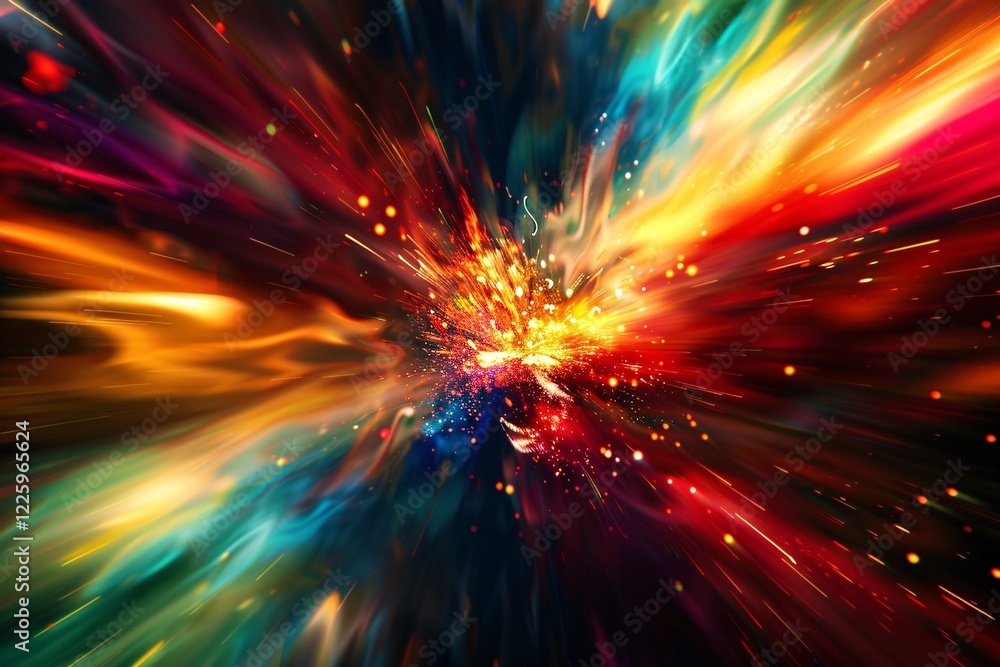 Aufkleber Vibrant energy explosion with light streaks and particles on an abstract background