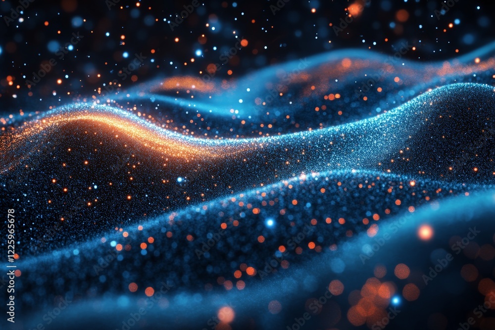 Poster swirling blue and orange particles create a mesmerizing abstract landscape in digital design