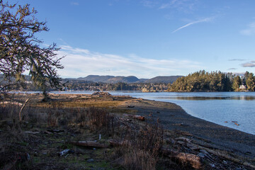 View of a tranquil bay from Whiffin Spit in Sooke, British Columbia