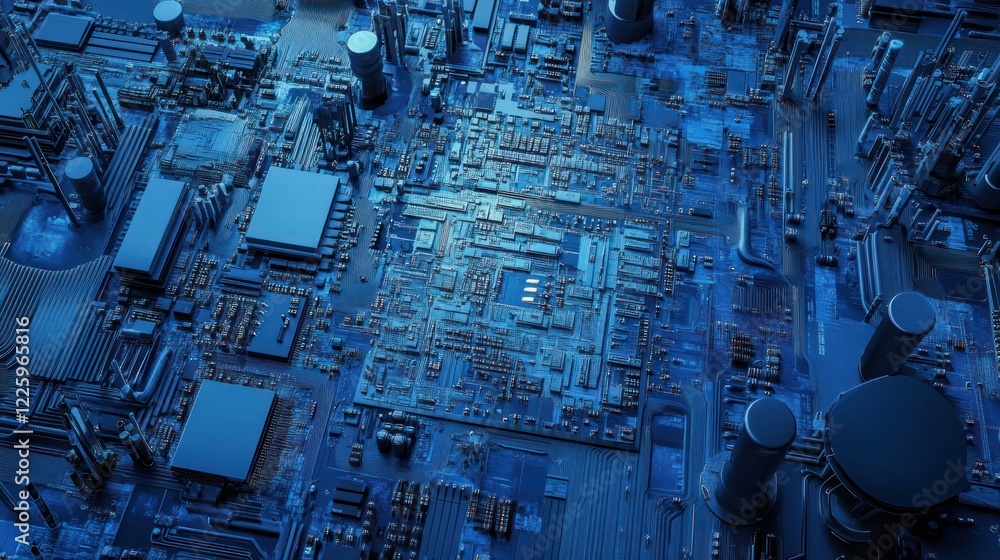 Poster intricate blue computer circuit board close-up showcasing electronic components and connections