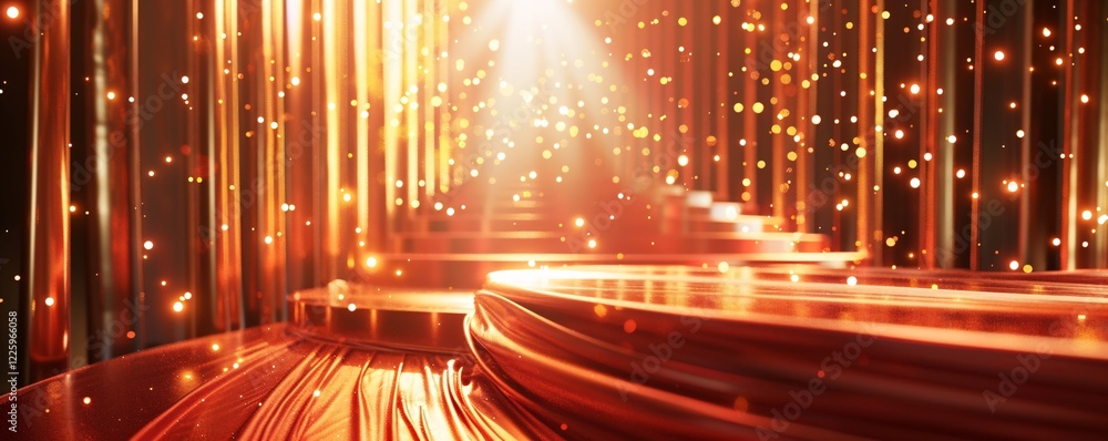 Poster sparkling golden podium illuminated by spotlights, ideal for displaying products or luxury items wit