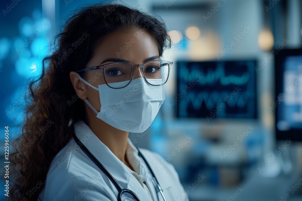 Poster health care professional in a clinical setting wearing a mask and glasses while reviewing patient da
