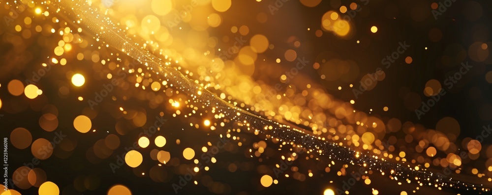 Poster Golden particles swirling on black background forming abstract bokeh lights effect