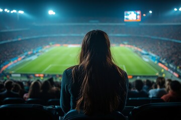 Spectators enjoy an evening football match at a vibrant stadium under bright lights