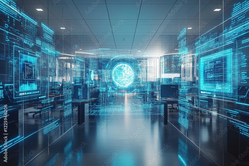Aufkleber Modern technology workspace with digital displays and futuristic elements in a corporate office setting