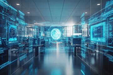 Modern technology workspace with digital displays and futuristic elements in a corporate office setting