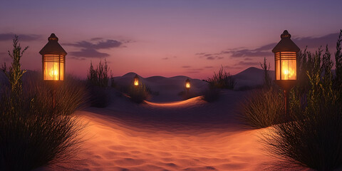 Fototapeta premium Lantern-Lit Pathway Through a Serene Desert Landscape