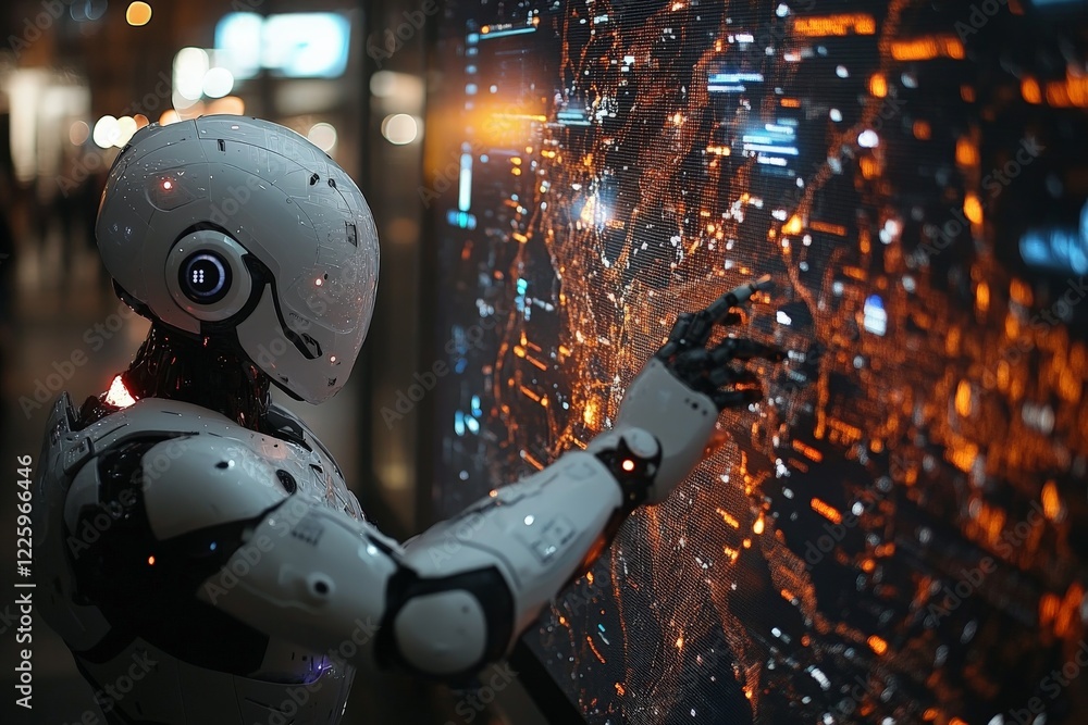 Leinwandbilder futuristic robot interacting with a high-tech display in a vibrant urban setting at night