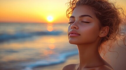 Serene Sunset: A Woman's Peaceful Moment by the Ocean