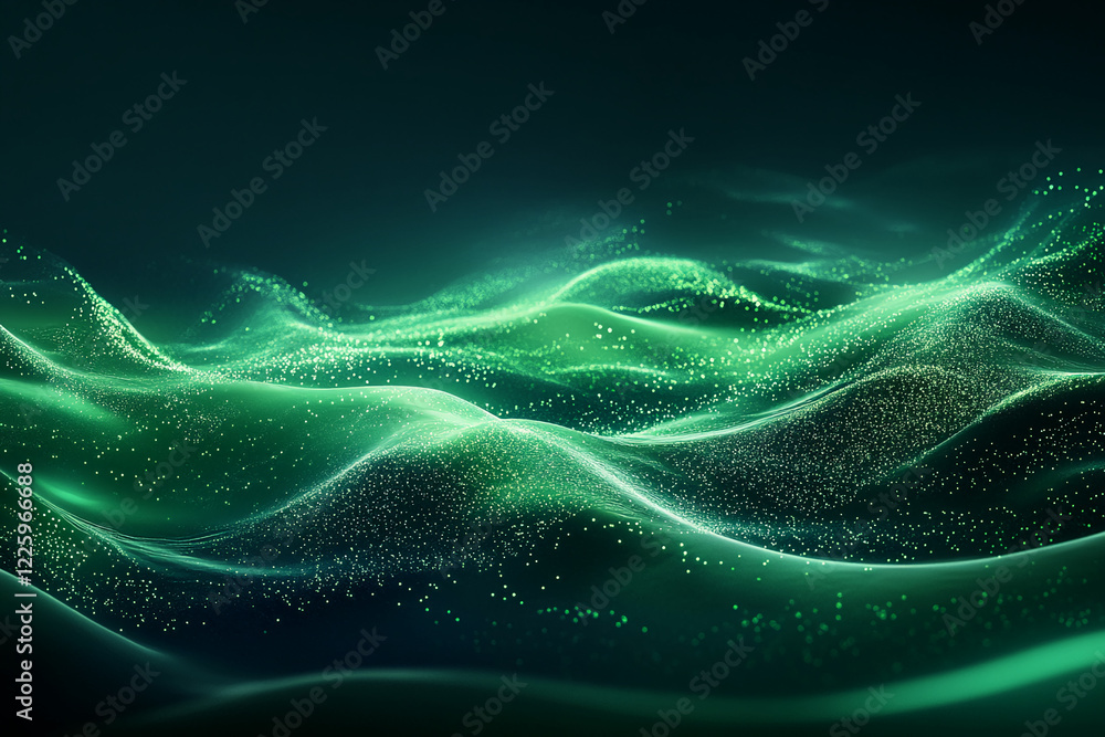Poster Abstract green waves with particles and smooth gradients representing energy, technology, and flow dynamics for modern backgrounds and digital designs