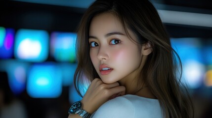 Enigmatic Gaze: A captivating portrait of a young woman, her expression hinting at mystery and allure, set against a backdrop of vibrant, blurred city lights.