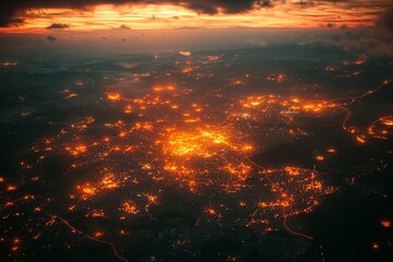 Fototapeta premium Fires illuminate the landscape at twilight over a sprawling city in the distance