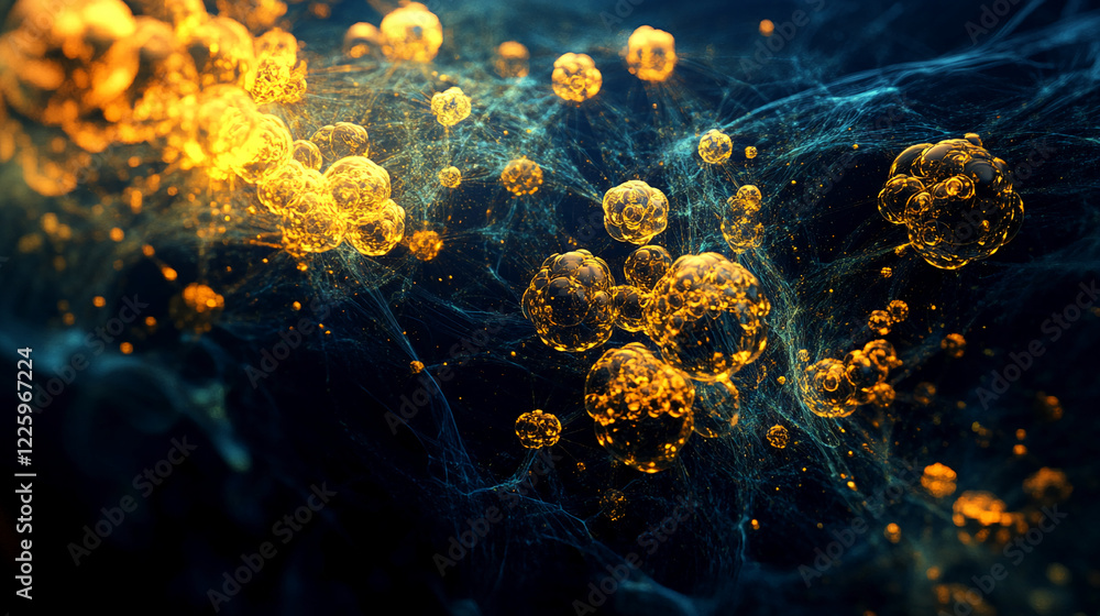 Poster abstract glowing golden bubbles in a dark blue space with interconnected patterns, symbolizing energ