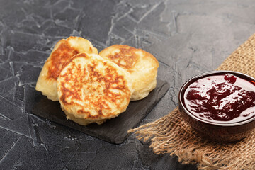 Favorite pancakes with delicious jam for breakfast