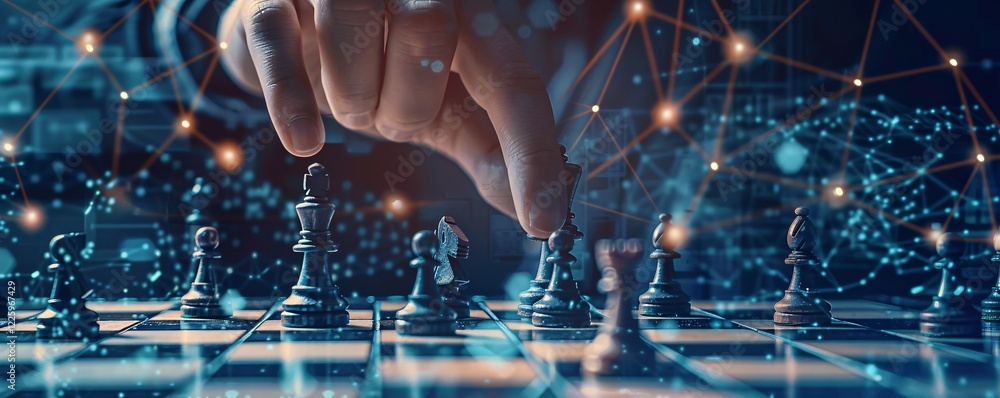 Poster strategizing for business success: hand moving chess piece on network grid chessboard