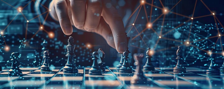 Strategizing for business success: hand moving chess piece on network grid chessboard