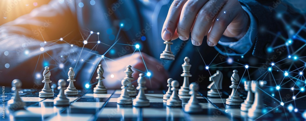 Poster businessman moving a chess piece on a chessboard with a network grid effect