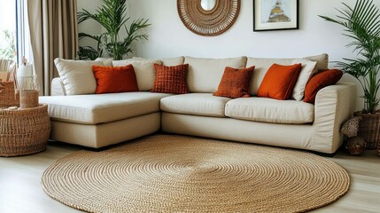 Beige Sectional Sofa with Orange Pillows in a Modern Living Room