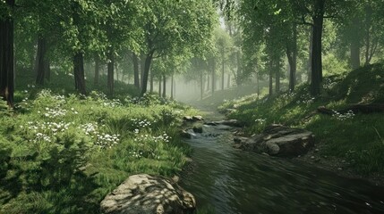 Tranquil stream flows through lush green forest with blooming white flowers